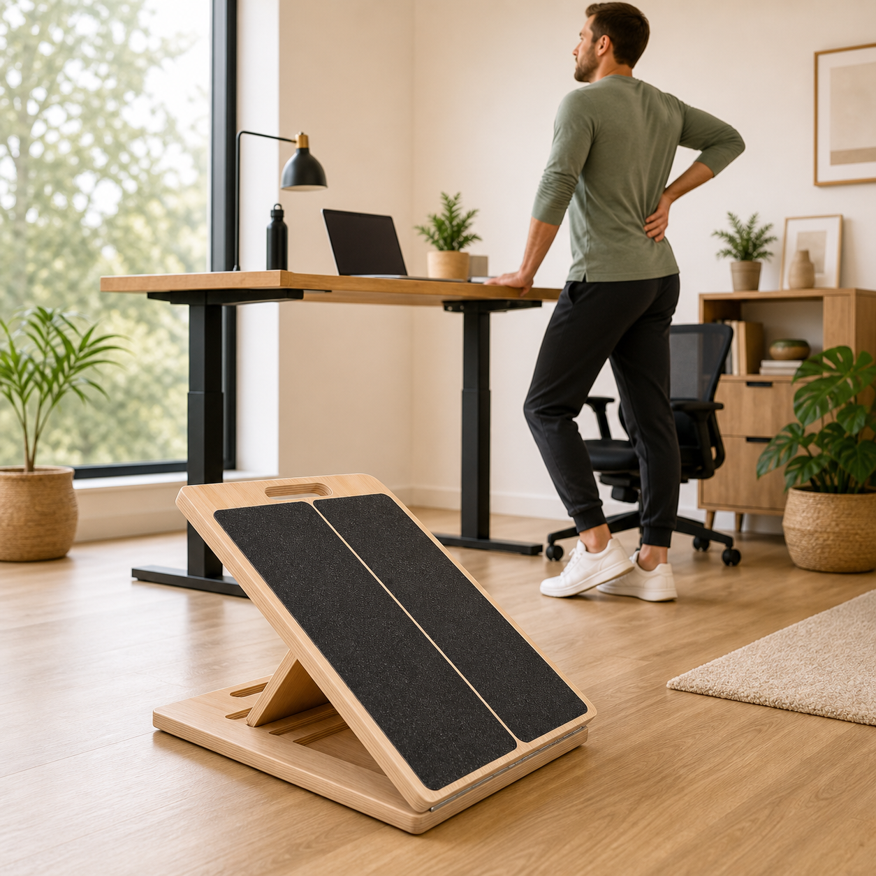 Man stretching beside a standing desk